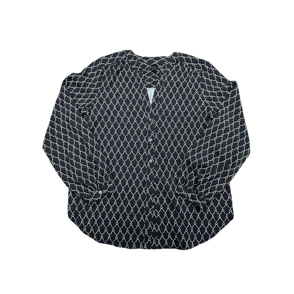 ANN TAYLOR Women Thin Slippery Polyester Blouse Navy White Geo Medium
